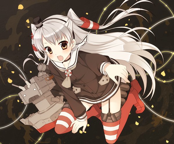 Anime picture 1200x992 with kantai collection amatsukaze destroyer rensouhou-kun ayamisiro single long hair looking at viewer blush brown eyes silver hair two side up kneeling girl thighhighs dress hat petals shoes garter straps short dress