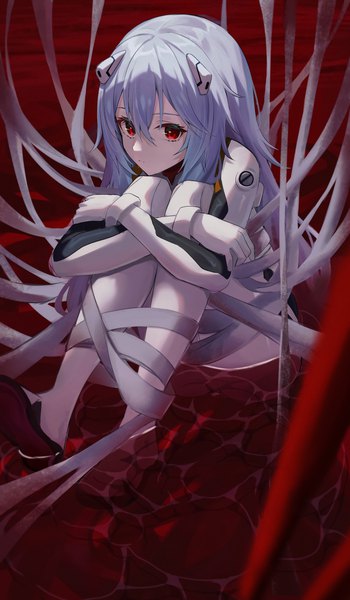 Anime picture 2568x4400 with neon genesis evangelion rebuild of evangelion evangelion: 3.0+1.0 thrice upon a time gainax ayanami rei pension z single long hair tall image fringe highres hair between eyes red eyes blue hair looking away partially submerged leg hug girl bodysuit pilot suit