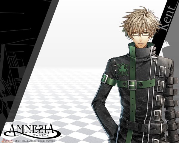 Anime picture 1280x1024 with amnesia idea factory kent (amnesia) single short hair simple background blonde hair green eyes inscription hieroglyph checkered floor boy glasses