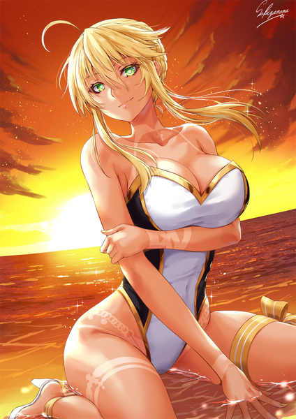 Anime picture 1000x1414 with fate (series) fate/grand order artoria pendragon (all) artoria pendragon (lancer) sakiyamama single tall image looking at viewer blush fringe short hair breasts light erotic blonde hair hair between eyes large breasts sitting green eyes signed payot