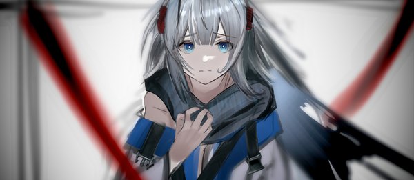 Anime picture 2841x1235 with original eugle na single long hair looking at viewer fringe highres blue eyes wide image upper body blunt bangs grey hair blurry girl hair ornament belt scarf