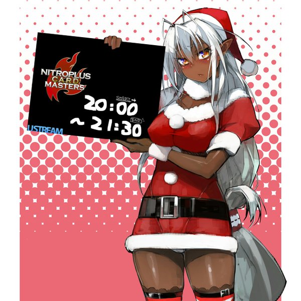 Anime picture 1280x1280 with full metal daemon muramasa soukou akki muramasa nitroplus sandaime muramasa namaniku atk single long hair looking at viewer blush light erotic simple background white hair orange eyes fur trim dark skin christmas pink background girl underwear panties