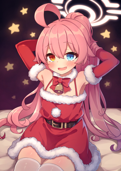 Anime picture 752x1062 with blue archive hoshino (blue archive) lolikaku single long hair tall image blush fringe open mouth hair between eyes sitting pink hair ahoge ponytail :d arms up loli heterochromia flat chest christmas