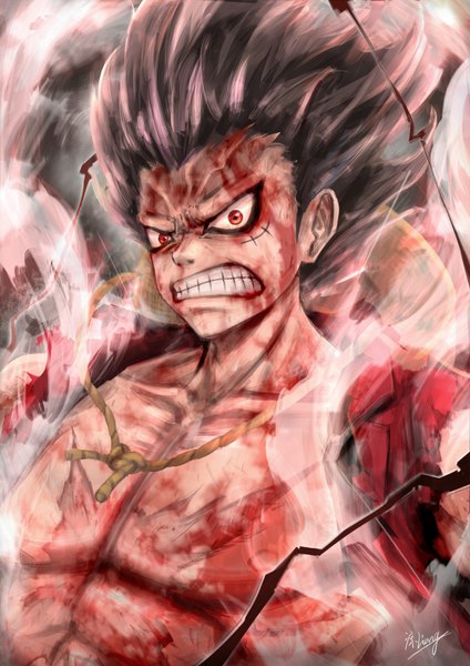 Anime picture 679x960 with one piece toei animation monkey d. luffy liang jian single tall image looking at viewer short hair black hair red eyes signed upper body open clothes scar smoke muscle angry clenched teeth blood on face hat removed