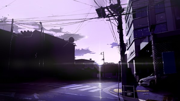 Anime picture 1000x563 with original loundraw wide image sky cloud (clouds) city light cityscape no people street crosswalk building (buildings) ground vehicle wire (wires) car power lines lamppost traffic lights