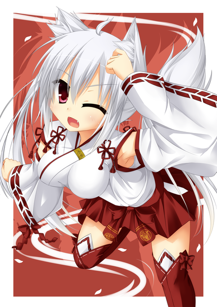 Anime picture 800x1132 with original mizune inori tall image blush short hair open mouth red eyes animal ears white hair tail traditional clothes animal tail one eye closed wink teeth fang (fangs) girl thighhighs detached sleeves