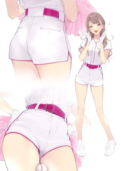 Anime picture 1063x1500 with original ama mitsuki long hair tall image looking at viewer fringe open mouth light erotic smile brown hair standing white background holding brown eyes full body head tilt :d arms up short sleeves multiview
