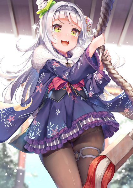 Anime picture 1414x2000 with virtual youtuber hololive murasaki shion murasaki shion (4th costume) mogmog single long hair tall image fringe open mouth light erotic smile yellow eyes payot silver hair blunt bangs long sleeves traditional clothes :d japanese clothes