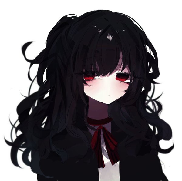 Anime picture 1272x1267 with tagme (copyright) tagme (artist) single long hair looking at viewer blush fringe black hair simple background hair between eyes red eyes white background upper body symbol-shaped pupils wavy hair + + girl