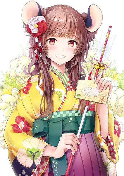 Anime picture 850x1202 with original tokeshi single long hair tall image looking at viewer blush smile red eyes brown hair animal ears upper body traditional clothes japanese clothes hair bun (hair buns) grin floral print new year floral background mouse ears