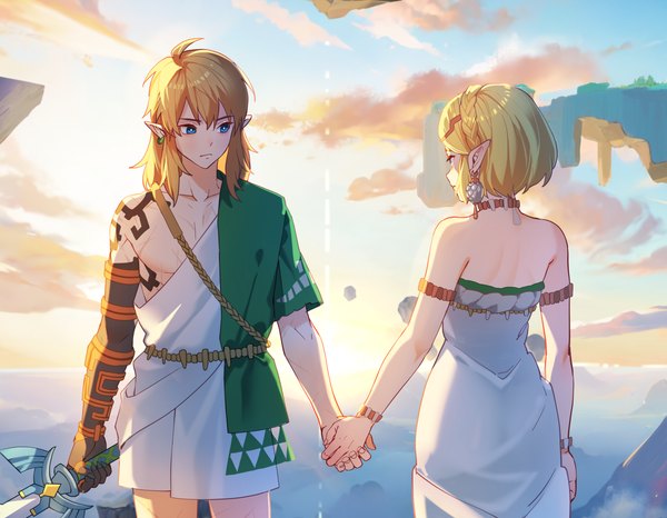 Anime picture 2500x1943 with the legend of zelda the legend of zelda: tears of the kingdom nintendo princess zelda link natural wind highres short hair blue eyes blonde hair sky cloud (clouds) braid (braids) pointy ears from behind tattoo holding hands elf crown braid girl