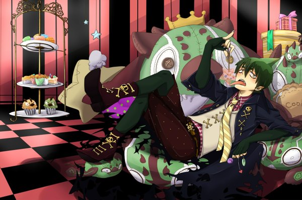 Anime picture 1500x999 with ao no exorcist a-1 pictures amaimon short hair sitting brown eyes green hair pointy ears teeth striped checkered floor sharp teeth demon skull and crossbones boy bow shirt necktie food jacket