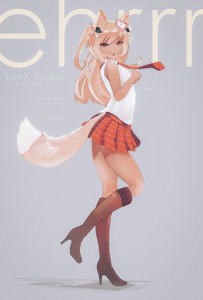 Anime picture 1262x1859 with original ehrrr single long hair tall image looking at viewer open mouth blonde hair red eyes standing bare shoulders signed animal ears full body tail animal tail pleated skirt hair flower high heels two side up