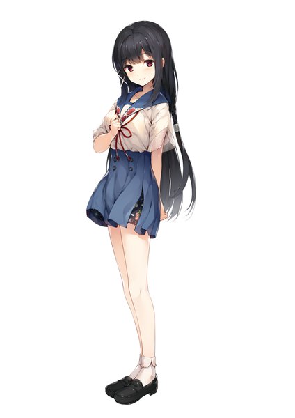 Anime-Bild 2894x4093 mit onsen musume hitoyoshi aoi senji (tegone spike) single long hair tall image looking at viewer blush fringe highres breasts black hair simple background smile red eyes standing white background payot full body head tilt