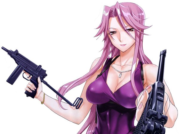 Anime picture 1600x1200 with highschool of the dead madhouse takagi yuriko single long hair looking at viewer breasts light erotic large breasts white background cleavage purple hair girl dress bracelet gun jewelry