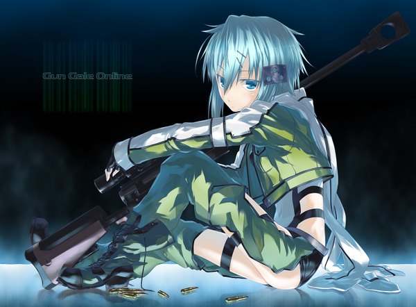 Anime picture 1357x1000 with sword art online a-1 pictures asada shino y/n single looking at viewer short hair blue eyes sitting blue hair girl weapon boots scarf gun sniper rifle cartridge