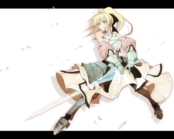 Anime picture 1280x1024 with fate (series) fate/unlimited codes type-moon artoria pendragon (all) saber saber lily vane (vane0) single long hair open mouth simple background blonde hair white background bare shoulders green eyes looking away ahoge ponytail shadow fighting stance