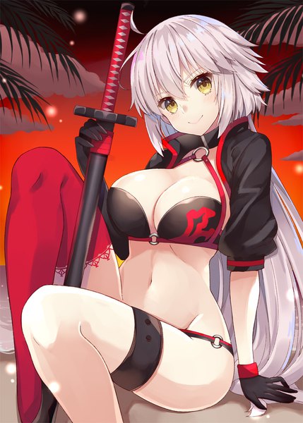 Anime picture 800x1119 with fate (series) fate/grand order jeanne d'arc (fate) (all) jeanne d'arc alter (fate) jeanne d'arc alter (swimsuit berserker) (fate) yuzu-aki single long hair tall image looking at viewer blush fringe breasts light erotic smile hair between eyes large breasts sitting holding yellow eyes