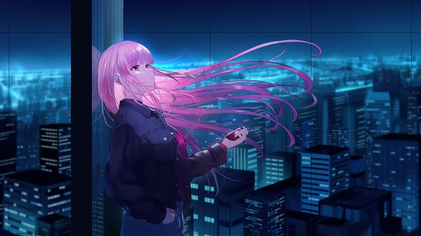 Anime picture 1961x1103 with virtual youtuber hololive hololive english mori calliope skymax single long hair fringe highres wide image standing holding looking away pink hair upper body blunt bangs long sleeves parted lips profile pink eyes