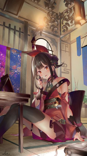 Anime-Bild 956x1700 mit original saraki single long hair tall image looking at viewer blush fringe open mouth sitting bare shoulders holding signed bent knee (knees) indoors blunt bangs nail polish traditional clothes head tilt japanese clothes