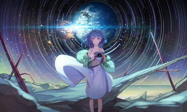 Anime picture 2300x1378 with original mt (ringofive) single looking at viewer highres short hair wide image standing blue hair pink eyes girl dress white dress planet camera