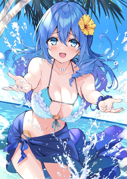 Anime picture 708x1000 with cu-no kohitsuji ai hisenkaede single long hair tall image looking at viewer blush fringe breasts open mouth blue eyes light erotic smile hair between eyes large breasts standing payot blue hair sky