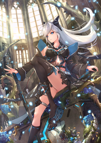 Anime picture 851x1202 with original yue ying jin feng single long hair tall image looking at viewer fringe breasts blue eyes light erotic sitting payot silver hair bent knee (knees) indoors pleated skirt wind off shoulder wide sleeves pantyshot