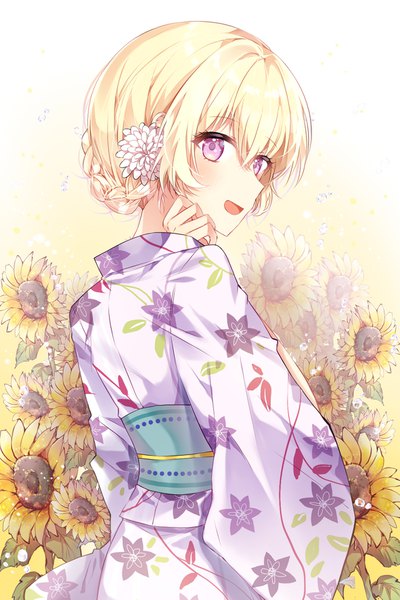 Anime picture 1181x1771 with bang dream! shirasagi chisato taya oco single tall image looking at viewer blush fringe short hair open mouth blonde hair hair between eyes standing purple eyes braid (braids) traditional clothes japanese clothes looking back hair flower from behind