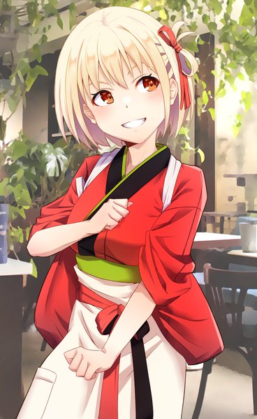 Anime picture 786x1280 with lycoris recoil nishikigi chisato reitency single tall image blush fringe short hair blonde hair smile hair between eyes red eyes looking away indoors traditional clothes japanese clothes blurry grin girl ribbon (ribbons)