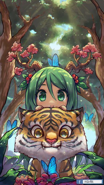Anime picture 1125x2000 with tower of saviors fuka (artist) single long hair tall image fringe smile hair between eyes green eyes signed green hair girl flower (flowers) plant (plants) animal tree (trees) insect butterfly forest tiger