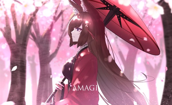 Anime picture 1635x1000 with azur lane amagi (azur lane) eternity (shadeh) single long hair fringe brown hair wide image purple eyes animal ears payot looking away upper body outdoors blunt bangs traditional clothes japanese clothes profile wind wide sleeves