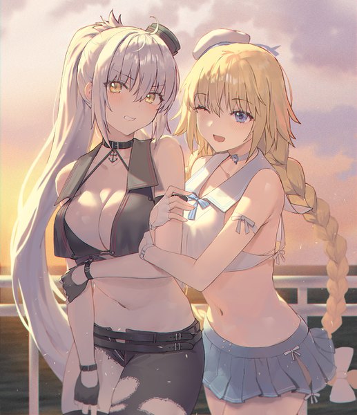 Anime picture 1035x1200 with fate (series) fate/grand order jeanne d'arc (fate) (all) jeanne d'arc alter (fate) jeanne d'arc (fate) seon (seonon ) long hair tall image looking at viewer blush fringe breasts open mouth blue eyes light erotic blonde hair hair between eyes large breasts bare shoulders yellow eyes