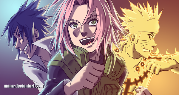 Anime picture 1366x728 with naruto studio pierrot naruto (series) uzumaki naruto uchiha sasuke haruno sakura manzr (artist) short hair open mouth smile red eyes wide image green eyes blue hair pink hair profile grin magic facial mark whisker markings