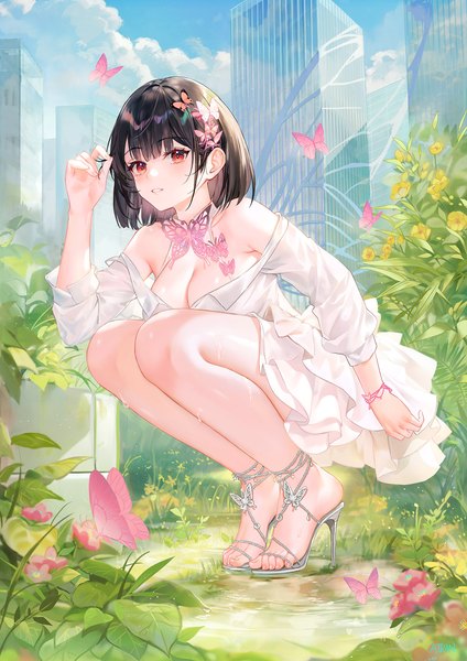 Anime picture 1626x2300 with original atdan single tall image looking at viewer blush fringe short hair breasts light erotic black hair red eyes large breasts bare shoulders sky cleavage cloud (clouds) full body bent knee (knees) outdoors