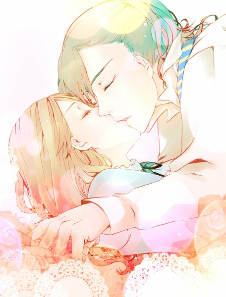 Anime picture 900x1184 with original hiruna454 long hair tall image fringe short hair simple background blonde hair white background lying eyes closed profile couple hug holding hands face to face kiss girl boy shirt