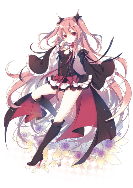Anime picture 600x849 with owari no seraph wit studio kururu tepes jonejung single long hair tall image looking at viewer fringe open mouth smile hair between eyes red eyes standing bare shoulders payot looking away pink hair full body head tilt
