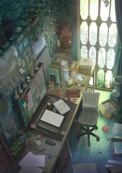 Anime picture 2481x3508 with original mitsuki (yu hsiang yi) tall image highres indoors no people scenic :3 messy room flower (flowers) plant (plants) food window sweets book (books) leaf (leaves) toy chair mobile phone stuffed toy