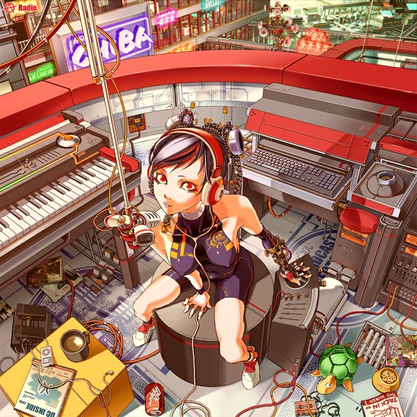 Anime picture 1024x1024 with original ipod dr pepper circle a short hair breasts light erotic black hair red eyes large breasts sitting nipples braid (braids) multicolored hair sleeveless street detailed girl shorts headphones