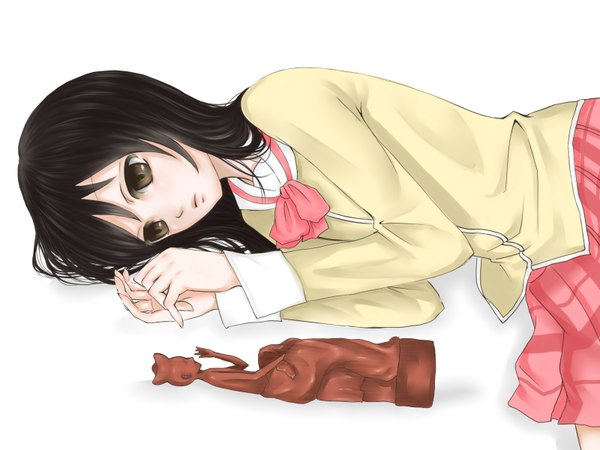 Anime picture 1600x1200 with nichijou kyoto animation minakami mai buddha yukimasa single short hair black hair simple background white background brown eyes lying girl uniform school uniform