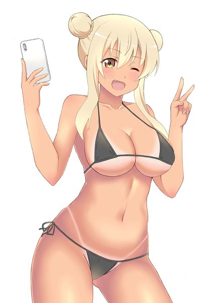 Anime picture 1181x1668 with sunoharasou no kanrinin-san sunohara nana junk doppel single tall image looking at viewer blush fringe short hair breasts open mouth light erotic simple background blonde hair smile hair between eyes large breasts standing bare shoulders holding
