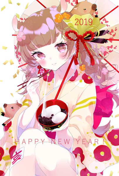 Anime picture 1200x1776 with original remimim single long hair tall image looking at viewer blush brown hair brown eyes animal ears traditional clothes japanese clothes eating new year happy new year 2019 girl animal food sweets