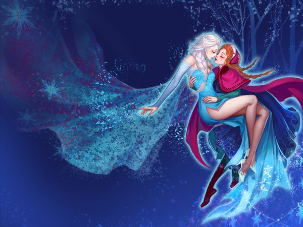 Anime picture 900x675 with frozen (disney) disney elsa (frozen) anna (frozen) cony (comicsun) long hair bare shoulders multiple girls full body bent knee (knees) white hair braid (braids) eyes closed profile orange hair open clothes bare legs high heels leaning leaning forward