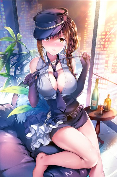 Anime picture 758x1146 with idolmaster idolmaster shiny colors kuwayama chiyuki rei (rei's room) single long hair tall image looking at viewer blush fringe breasts open mouth light erotic hair between eyes brown hair large breasts holding brown eyes payot indoors
