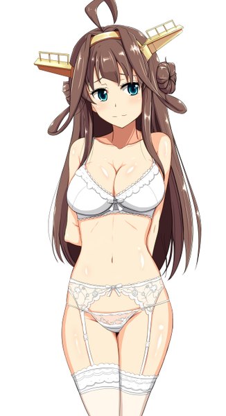 Anime picture 750x1380 with kantai collection kongou battleship shigure-p single long hair tall image looking at viewer breasts blue eyes light erotic simple background brown hair large breasts white background cleavage ahoge hair bun (hair buns) underwear only shiny skin hands behind back