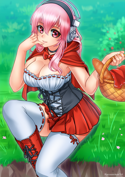 Anime picture 1000x1415 with little red riding hood nitroplus super sonico racoon-kun single long hair tall image looking at viewer breasts red eyes pink hair cleavage finger to mouth girl thighhighs dress white thighhighs headphones basket