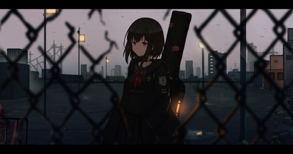Anime picture 5047x2665 with original aer7o single looking at viewer fringe highres short hair black hair hair between eyes red eyes wide image standing payot absurdres sky upper body outdoors open jacket city cityscape