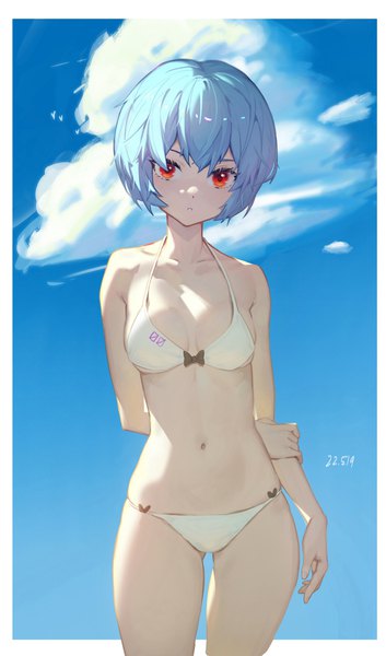 Anime picture 2202x3745 with neon genesis evangelion gainax ayanami rei mmj single tall image looking at viewer fringe highres short hair breasts light erotic red eyes standing blue hair sky cloud (clouds) outdoors dated arm behind back