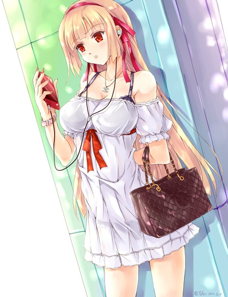 Anime picture 787x1023 with original follen (639594) single long hair tall image blonde hair red eyes girl dress hairband headphones pendant bag phone