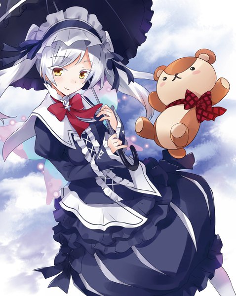 Anime picture 1877x2353 with isekai wa smartphone to tomo ni. leen (isekai wa smartphone to tomo ni.) paula (isekai wa smartphone to tomo ni.) usatsuka eiji single long hair tall image looking at viewer blush fringe highres smile hair between eyes twintails holding yellow eyes sky silver hair cloud (clouds) long sleeves