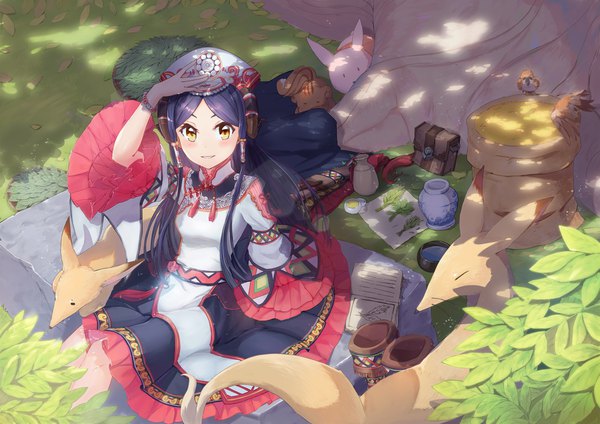 Anime-Bild 1920x1358 mit original ranyu single long hair looking at viewer blush highres smile sitting yellow eyes purple hair outdoors traditional clothes arm up from above wide sleeves arm support shadow girl plant (plants)